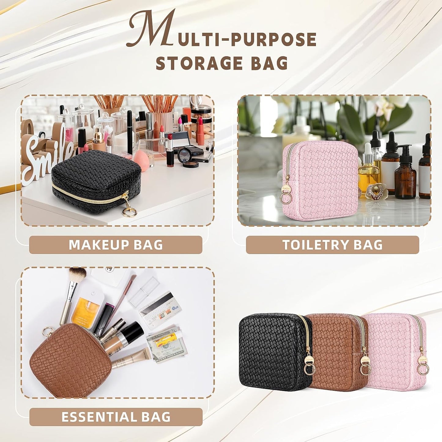 Travel Beauty Case Makeup Bag Women Leather Clutch Bag Checkerboard Cosmetic Bag Organizer Bags Makeup Organizer Portable Travel Accessories for Girl Birthday, Small Chessboard-Pink, Toiletry Bag