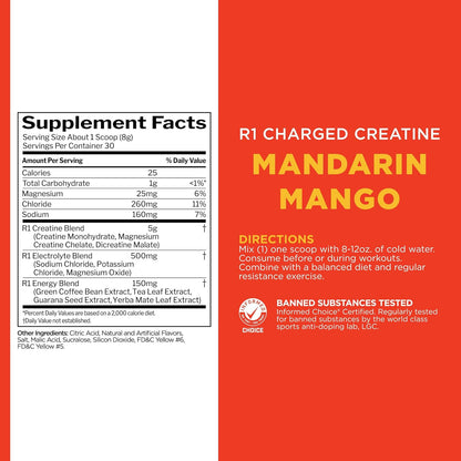Rule1 R1 Charged Creatine Energy & Performance Support Supplement 240 g, Mandarin Mango (30 Servings)