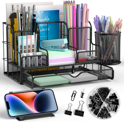 Nicpro Desk Organzier and Accessories, Black Mesh Desktop Organizer with Drawers, Pen Holder, Phone Holder, 72 PCS Paper Clips, Desk Caddy and Office Supply Organizer Set for Teacher Office Home