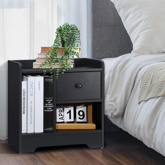 Oikiture Bedside Table with Drawer and Storage Space Side Table Nightstand Home Bedroom Furniture Black