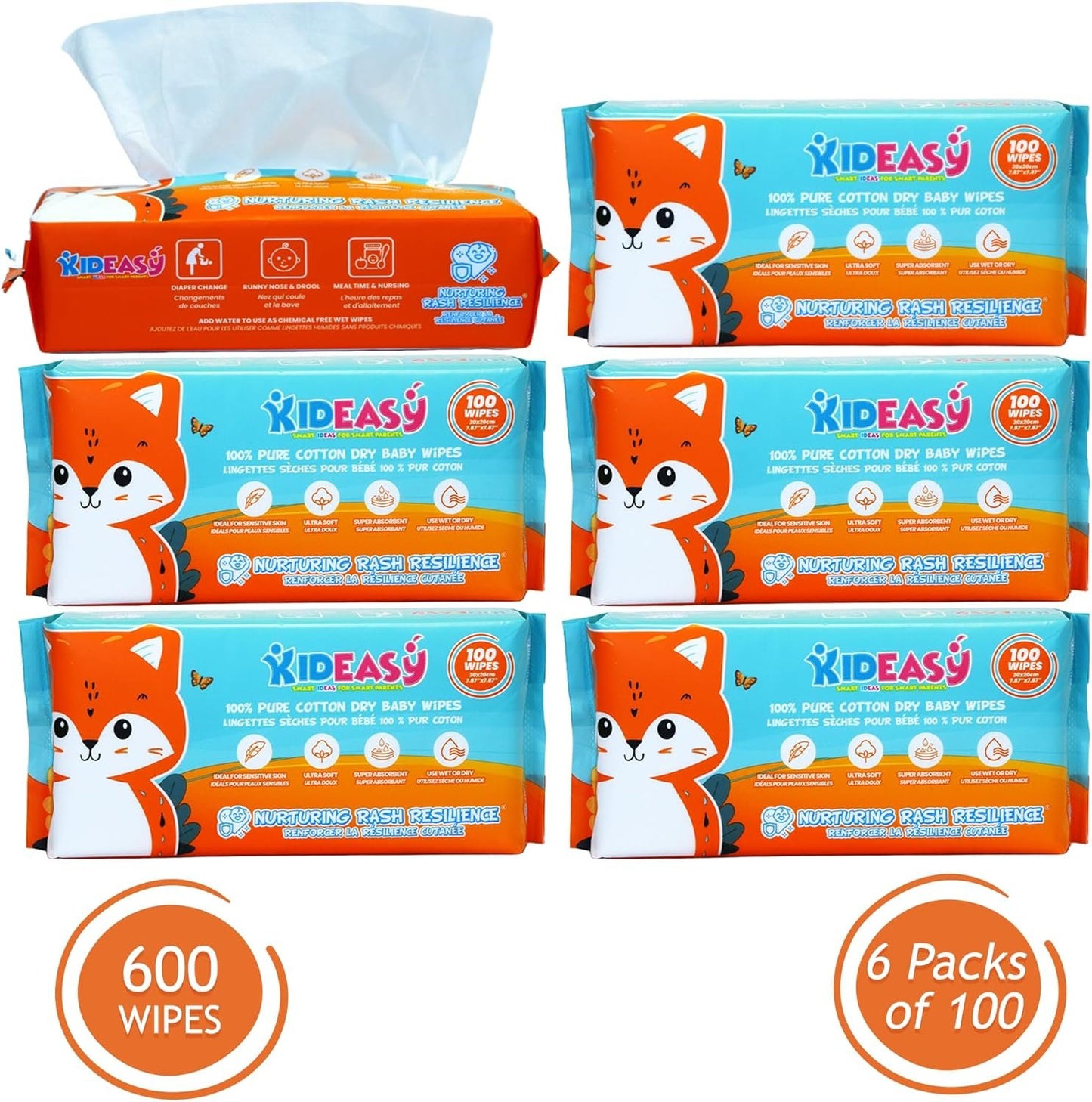 KidEasy Dry Wipes | Ultra-Soft 100% Cotton Baby Wipes | Chemical-Free & Unscented | Wet or Dry Use | Gentle on Sensitive Skin | Strong & Highly Absorbent (6 Pack - 600 Count)