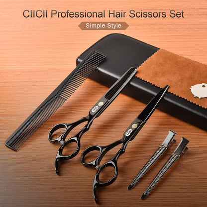 CIICII Professional Hairdressing Scissors, 8 Pieces Hair Scissors Kit (6.7 Inches/Black) & Thinning Scissors & Hair Comb for DIY Hair/Home/Barber