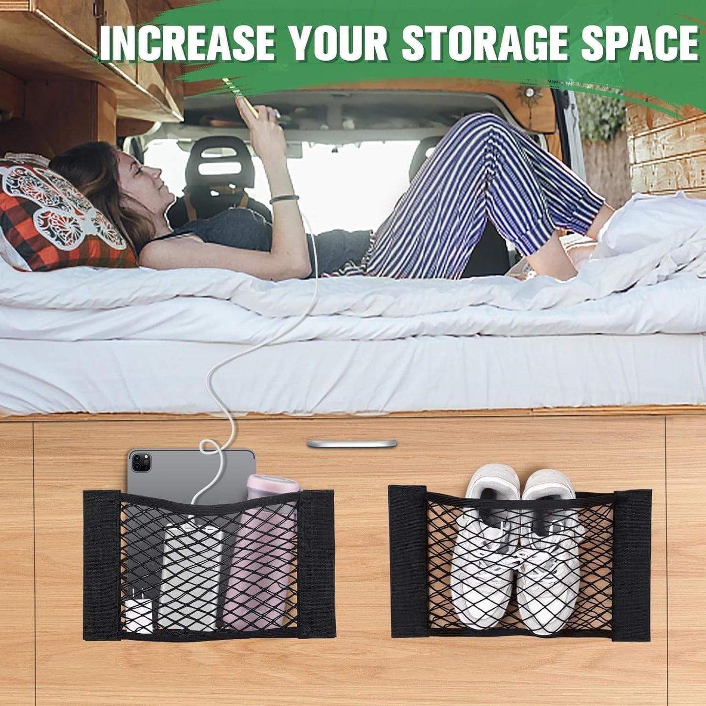 4-Pack Car Mesh Cargo Net | Universal Storage Organizer (25-50cm) | Adhesive Wall Pocket for Car Boot, RV, Home | Elastic Trunk Storage Solution with 8 Tape Stickers