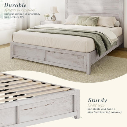 Jocisland Queen Size Platform Bed Frame with 49" Headboard, Farmhouse Bed Frame with Wood Slats Support/No Box Spring Needed/Easy Assembly, Distressed White