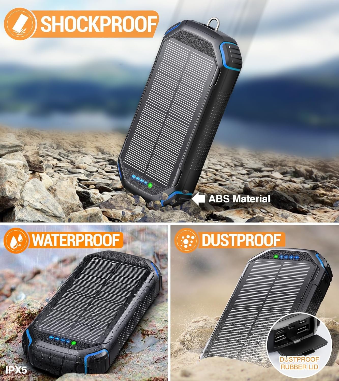 Wireless-36000mAh-Power Bank, Portable Battery Pack with 3 Built-in Cables, Waterproof Solar Charger 4 Outputs 3 Inputs, USB C 3 LED Flashlight, Solar Battery Bank for iPhone Tablet