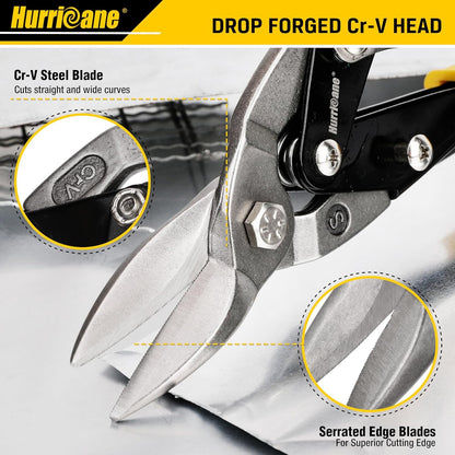 HURRICANE 3 pc Aviation Tin Snips Set, Metal Cutter Shear for Cut Sheet Metal, Chrome Vanadium Steel, Straight Left and Right, Ergonomical TyreGrip Handle with Hang Hole and Safety Latch