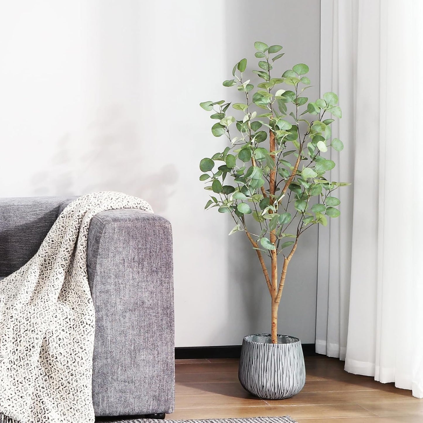 OAKRED Artificial Eucalyptus Tree 4ft, Tall Fake Tree with Natural Wood Trunk and Realistic Silver Dollar Leaves, Silk Faux Eucalyptus Artificial Plants for Indoor Home Decor Office Living Room