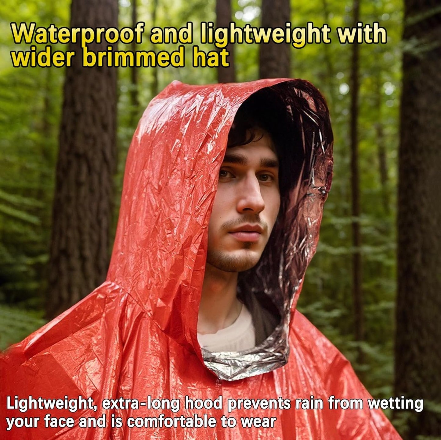 Davonpha Emergency Poncho with Mylar Lined Hood, Reflective, Thickened Double Sided, 90% Heat Retention, Orange, Ultralight Outdoor Survival Blanket for Men, Women, Adults, Camping, Hiking