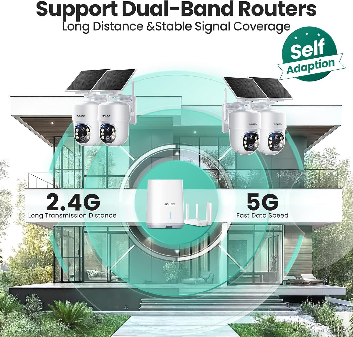 SOLIOM- 5MP Security Cameras Wireless Outdoor, No Subscription,4-Cam Pack, Solar Powered Home Security Camera with 360° Auto Tracking, Pan & Tilt, 3K Color Night Vision,5G & 2.4G Router Compatible