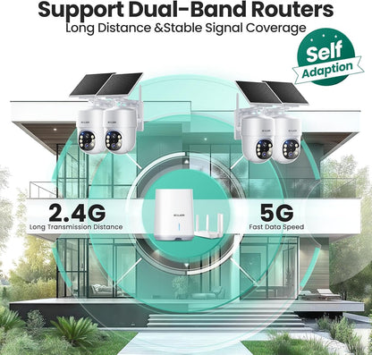 SOLIOM- 5MP Security Cameras Wireless Outdoor, No Subscription,4-Cam Pack, Solar Powered Home Security Camera with 360° Auto Tracking, Pan & Tilt, 3K Color Night Vision,5G & 2.4G Router Compatible
