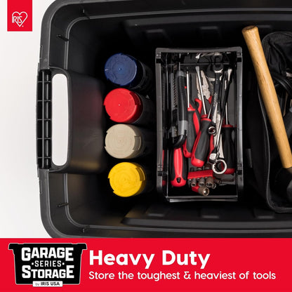 IRIS USA 117.4 L Heavy Duty Totes for Storage with Easy-Grip Handles, 4 Pack, Storage Bins with Lids, Durable Stackable Utility Containers, Large Garage Organizing Tubs - Black