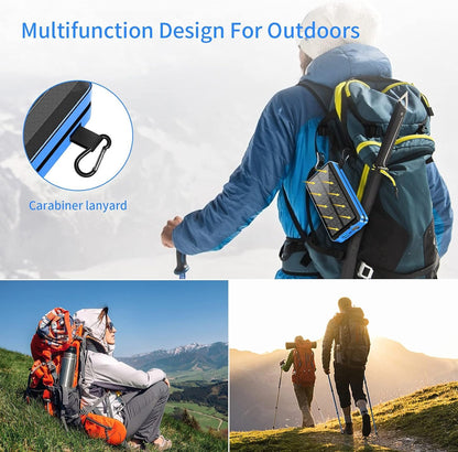 Solar Portable Power Bank Charge 6 Phones at The Same Time 30000mAh Solar Charger with 4 Wires and Wireless Charging Function LED Camping Lights External Battery Pack Outdoor Camping Equipment (Blue)