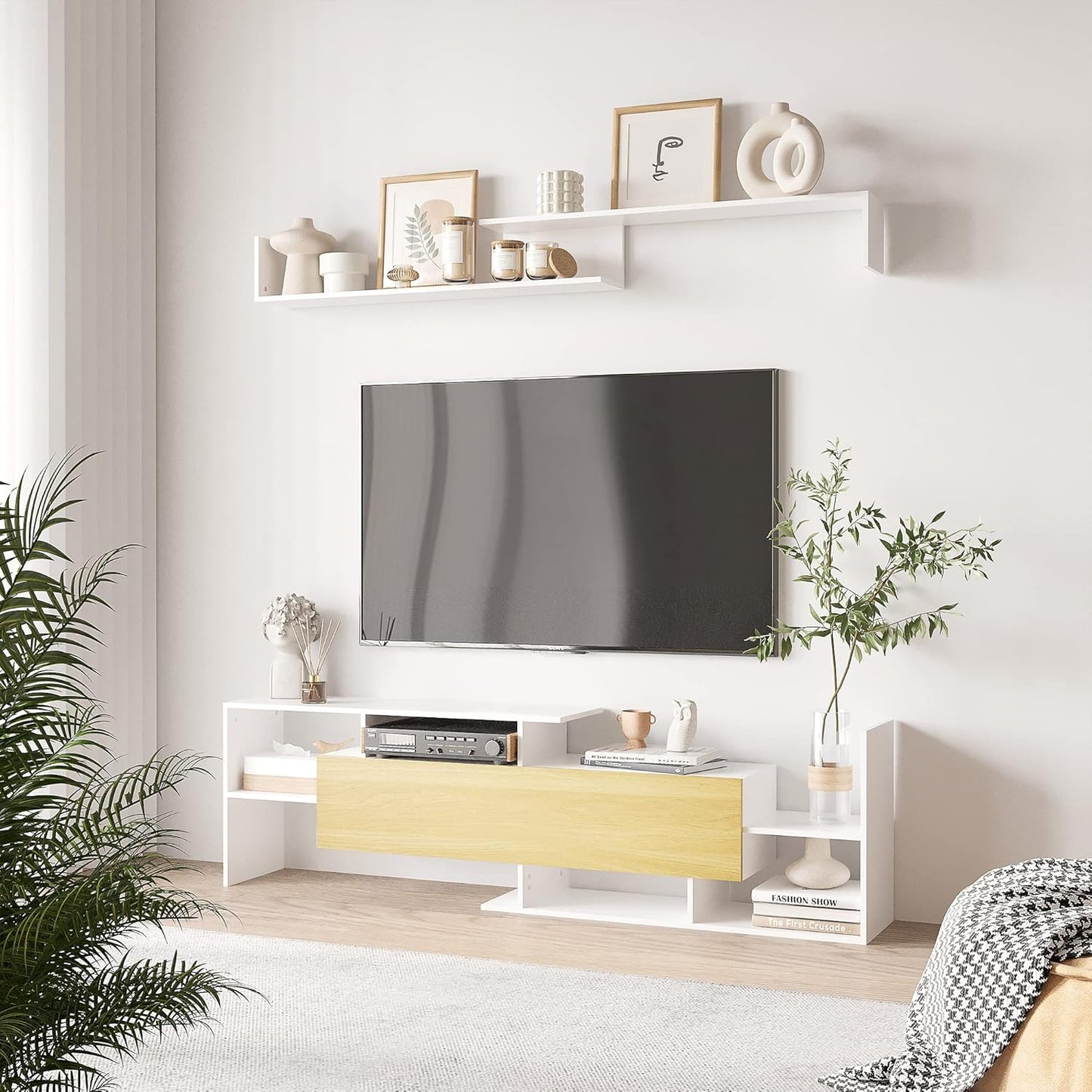HOMCOM TV Unit with Wall Shelf, Open Shelves and Wooden Cabinet, Modern TV Unit for Living Room and Bedroom, White and Wood