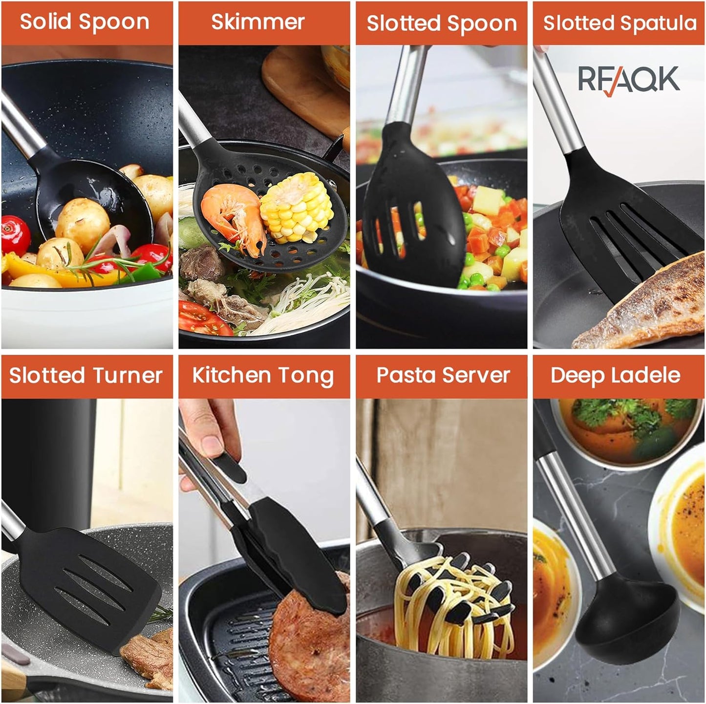 RFAQK Kitchen Utensils Set with Holder, 40PCs Silicone Cooking Utensils for Nonstick Cookware,Heat Resistant Kitchen Tools & Gadgets with Can Opener,Potato Peeler,Tongs, Spatulas, (40 Pcs Black)