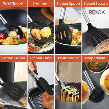 RFAQK Kitchen Utensils Set with Holder, 40PCs Silicone Cooking Utensils for Nonstick Cookware,Heat Resistant Kitchen Tools & Gadgets with Can Opener,Potato Peeler,Tongs, Spatulas, (40 Pcs Black)