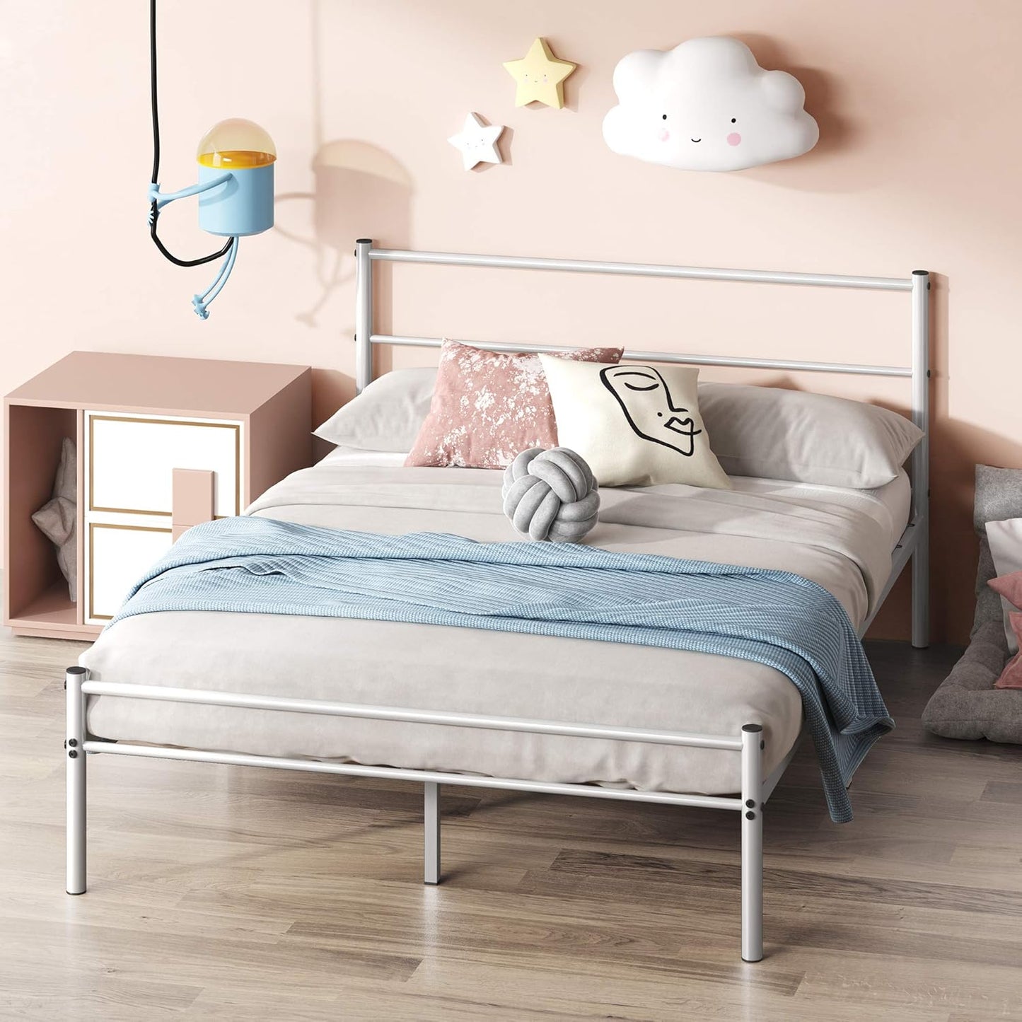 Zinus Geraldine Metal Double Bed Frame White | Steel Headboard and Footboard | Strong Steel Slats Bed in a Box
