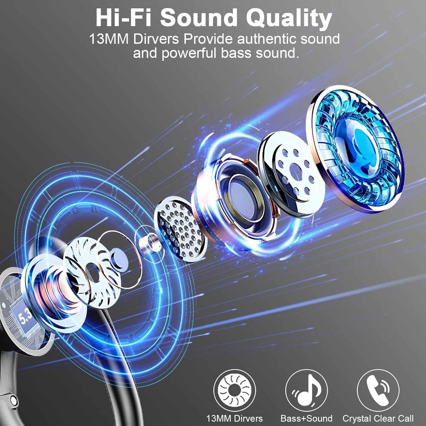 Wireless Earbuds, Bluetooth 5.3 Headphones Sport, Bluetooth Ear Buds with Noise Canceling Mics, 50H Stereo Wireless Headphones with EarHooks, LED Display, IP7 Waterproof Earphones for Running, Black
