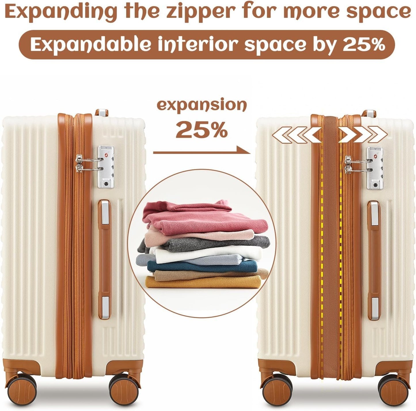 imiomo Carry On Luggage Set 20 Inch, Expandable Carry On Suitcase with Spinner Wheels,Hard Shell Lightweight Rolling Travel Luggage with TSA Lock,Beige Brown