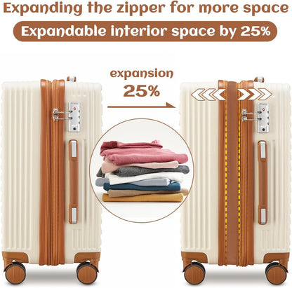imiomo Carry On Luggage Set 20 Inch, Expandable Carry On Suitcase with Spinner Wheels,Hard Shell Lightweight Rolling Travel Luggage with TSA Lock,Beige Brown