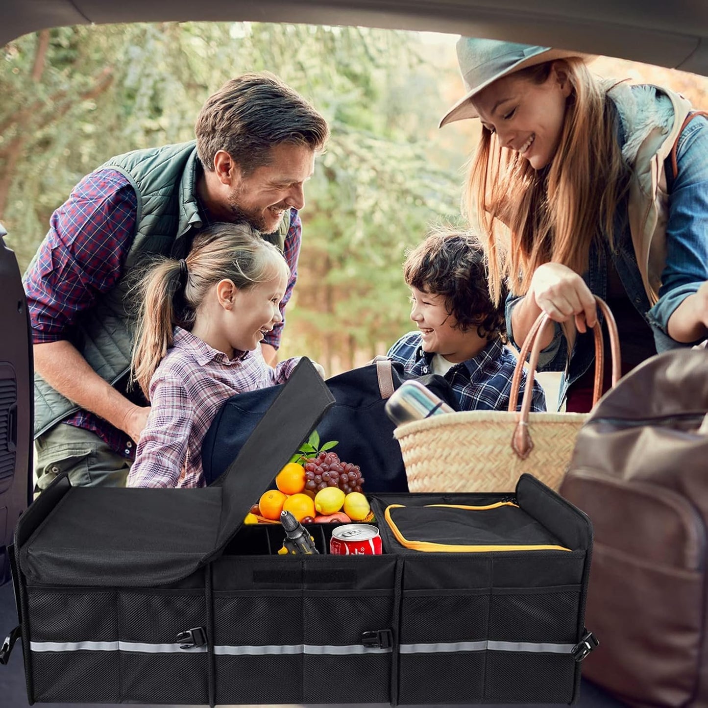 Trunk Organizer for Car, Foldable Car Storage Bag Portable With Built-in Leakproof Insulation Cooler Bag, 5 Compartments Vehicle Divider Heavy Duty Cargo Tote for SUV RV Lorry Truck Car Trip (T783)