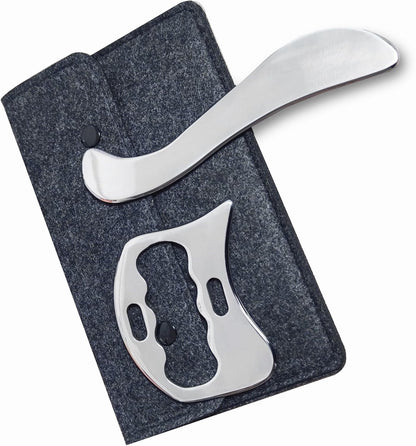 Generic 2-Piece Gua Sha Tool, 304 Stainless Steel Massage Tool, Scraper for Muscle Soft Tissue Mobilization, Back, Leg, Arm, Neck, with Pouch