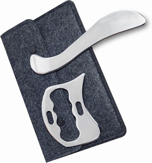Generic 2-Piece Gua Sha Tool, 304 Stainless Steel Massage Tool, Scraper for Muscle Soft Tissue Mobilization, Back, Leg, Arm, Neck, with Pouch