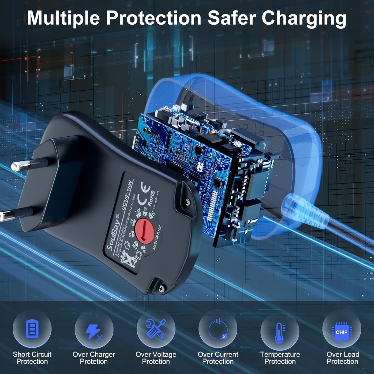 SoulBay 3V 4.5V 5V 6V 7.5V 9V 12V 1000mA Universal AC/DC Adapter with 8 Selectable Adapters for Home Electronics 3-12V - 150cm Charging Cable