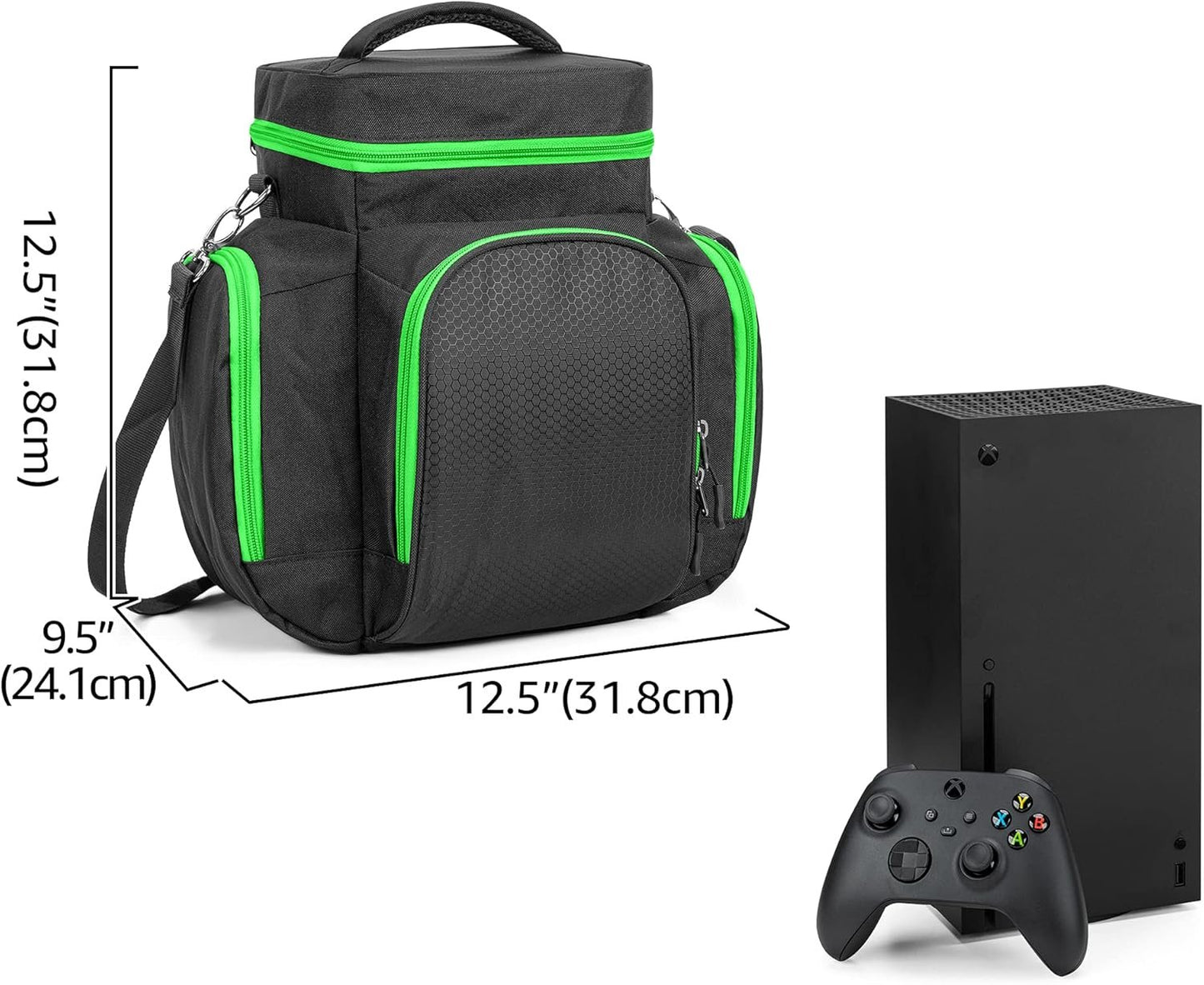 Trunab Console Carrying Case Compatible with Xbox Series X, Travel Bag with Multiple Storage Pockets for Xbox Controllers, Games, Cables and Other Accessories, Green (Patented Design)