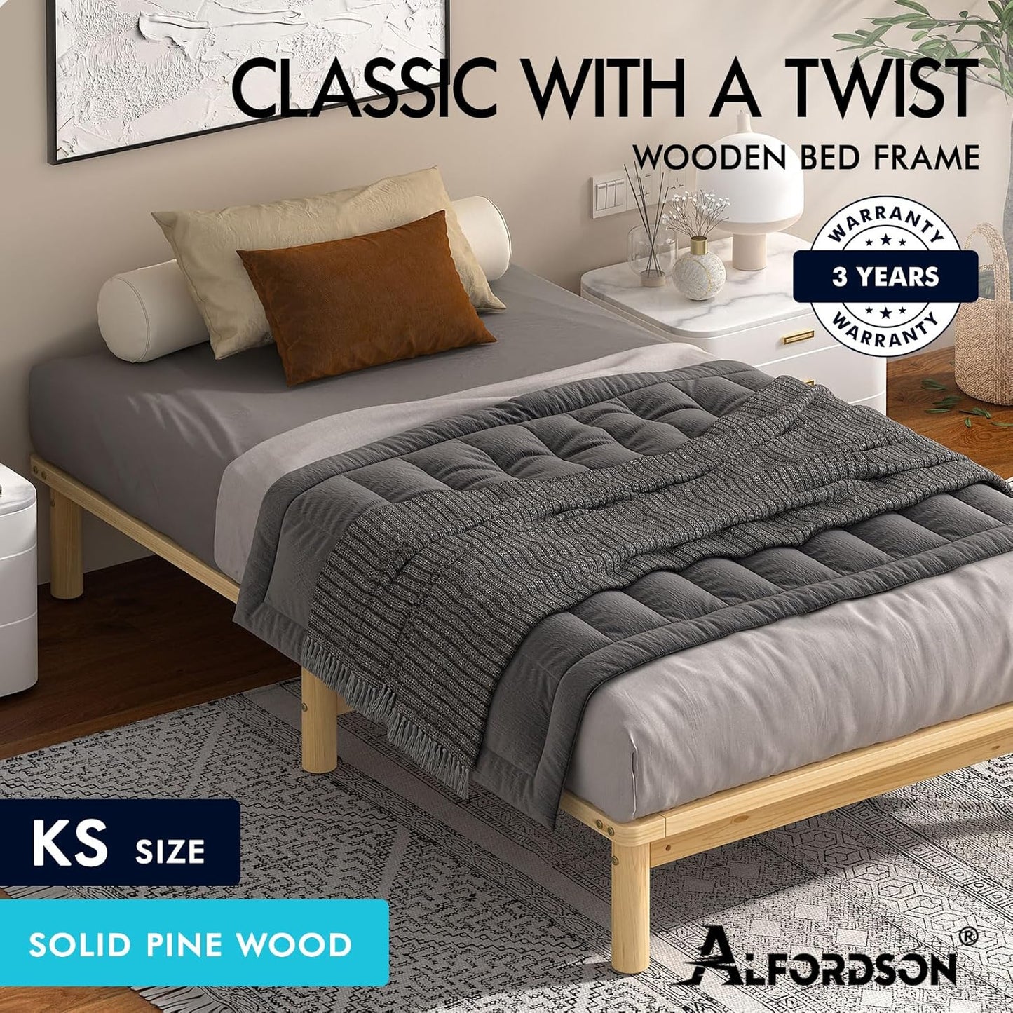 ALFORDSON King Single Bed Frame Wooden Bed Base with Timber Slats, Solid Pine Wood Mattress Base Platform Support, Bed Foundation with Storage Space, Home Bedroom Furniture, Basia Series in Oak