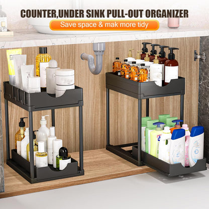 2 Pack Double Sliding Under Sink Organizers and Storage, Kitchen Accessories, Two Tier Bathroom Storage and organization, Under Cabinet Organizer with Hooks, Home Organization, Black