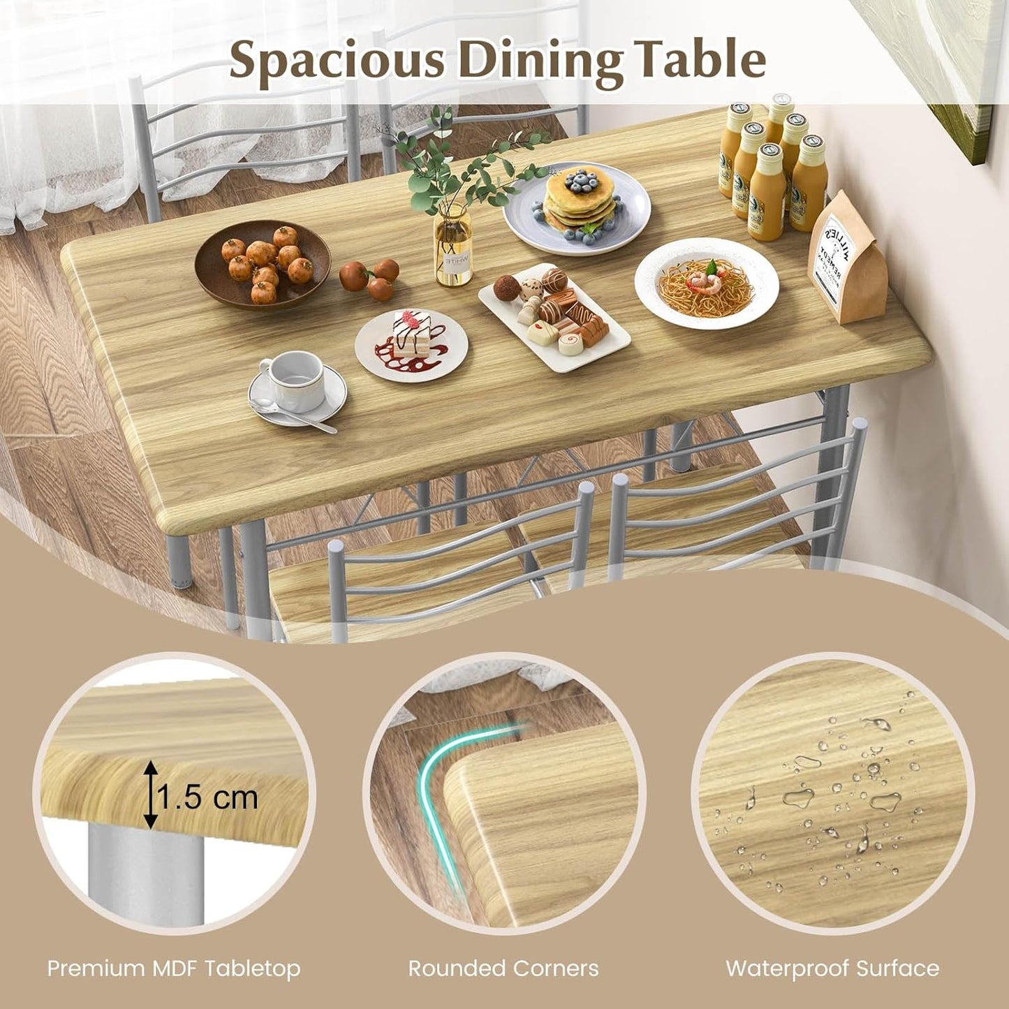 Giantex 5 PCS Dining Table Set, Counter Height Table with Spacious Rectangular Tabletop, Dining Desk w/ 4 High Backrest Chairs & Anti-Slip Pads, Kitchen Furniture for Home Restaurant (Silver+Natural)
