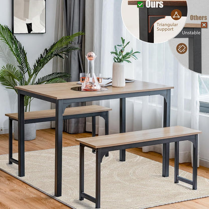 Nafort 3-Piece Dining Table with Benches, Modern Wood Kitchen Table & Benches Set for 4-6 Person, Metal Frame & Wood Tabletop Kitchen Dining Room Furniture Set, Natural &Black