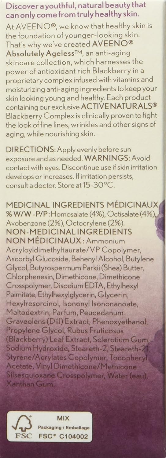 Aveeno Absolutely Ageless Daily Moisturizer SPF 30, Anti Aging, Face, Winkle Cream, Antioxidant Blackberry Complex; Vitamin C & E,Bottle, Pack of 1, 50 mL