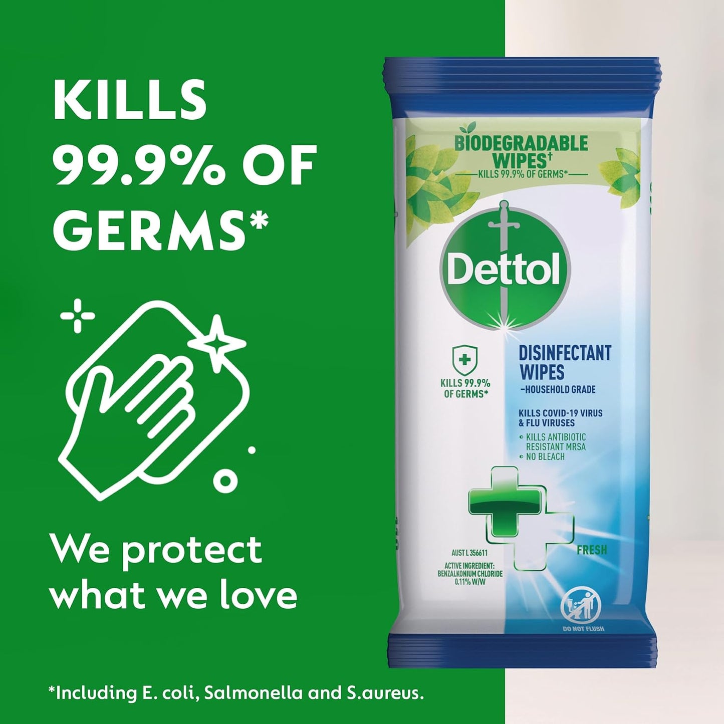 Dettol Biodegradable Antibacterial Disinfectant Surface Cleaning Wipes Fresh, 270s (6 x 45’s)