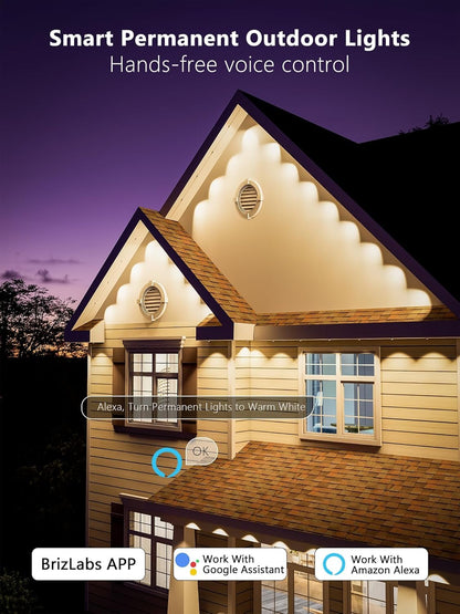 BrizLabs Permanent Outdoor Lights, 100ft 60 LED RGBCW Smart Eave Lights Work with Alexa & Google Assistant, APP Control Smart Lights IP65 Waterproof Under Eave Lighting for Christmas Halloween Easter