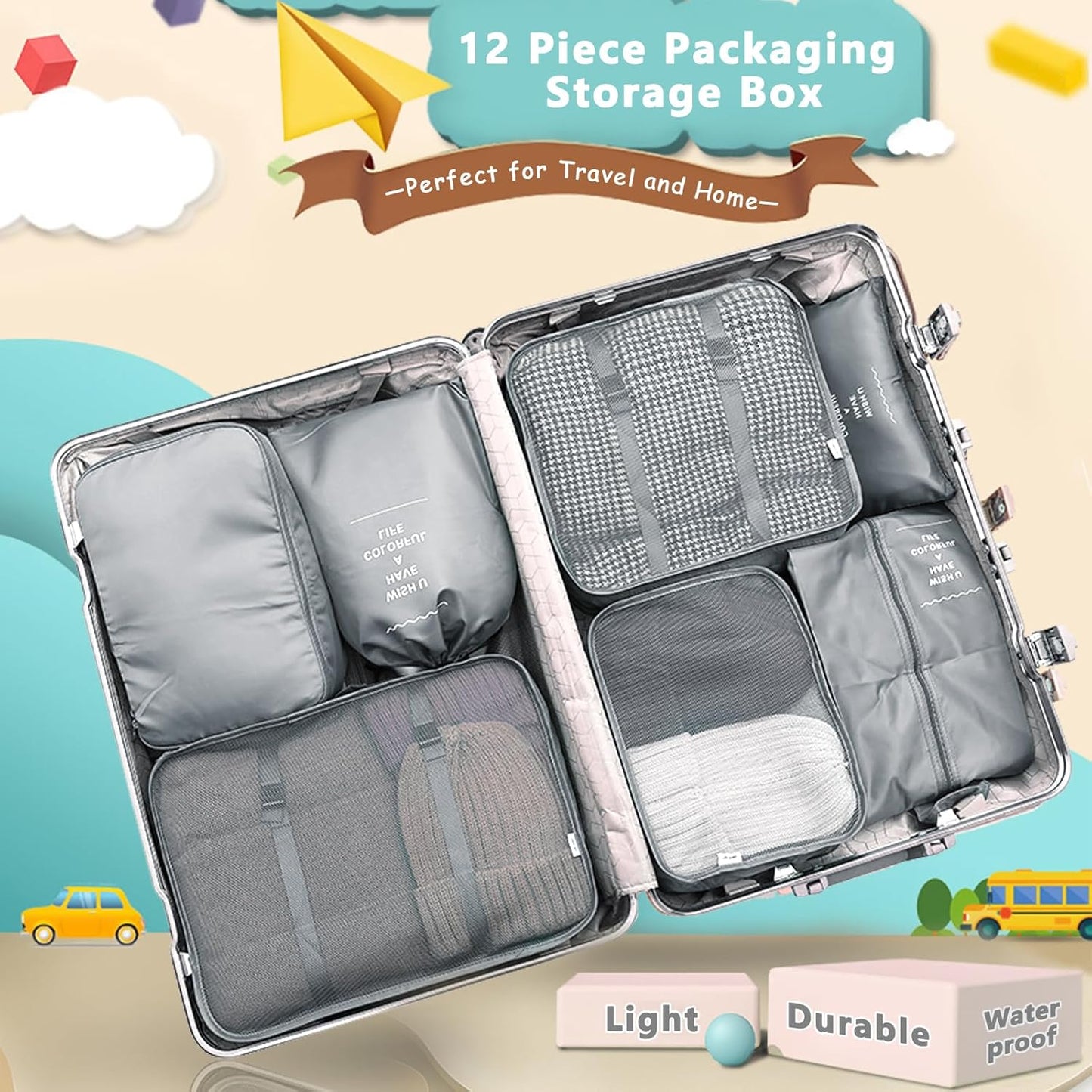 MOOING 12 Pieces Travel Suitcase Organizer Set, Travel Cube System, Separators for Travel, Travel Organizer, Packing Cubes, Storage Case Set for Clothes, Shoes, Underwear (Grey)