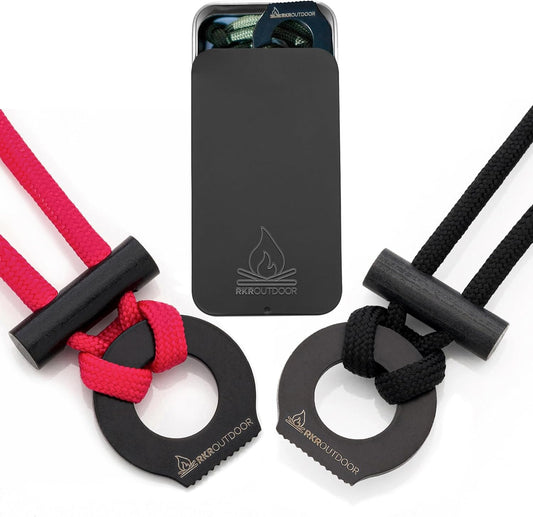 RKR OUTDOOR Survival Fire Starter Paracord Necklace (2 Pack) - 12,000 Strikes - Ultralight Ferro Rod and Striker with 550 Paracord - Flint and Steel with Waxed Tinder Paracord for Camping - Bushcraft