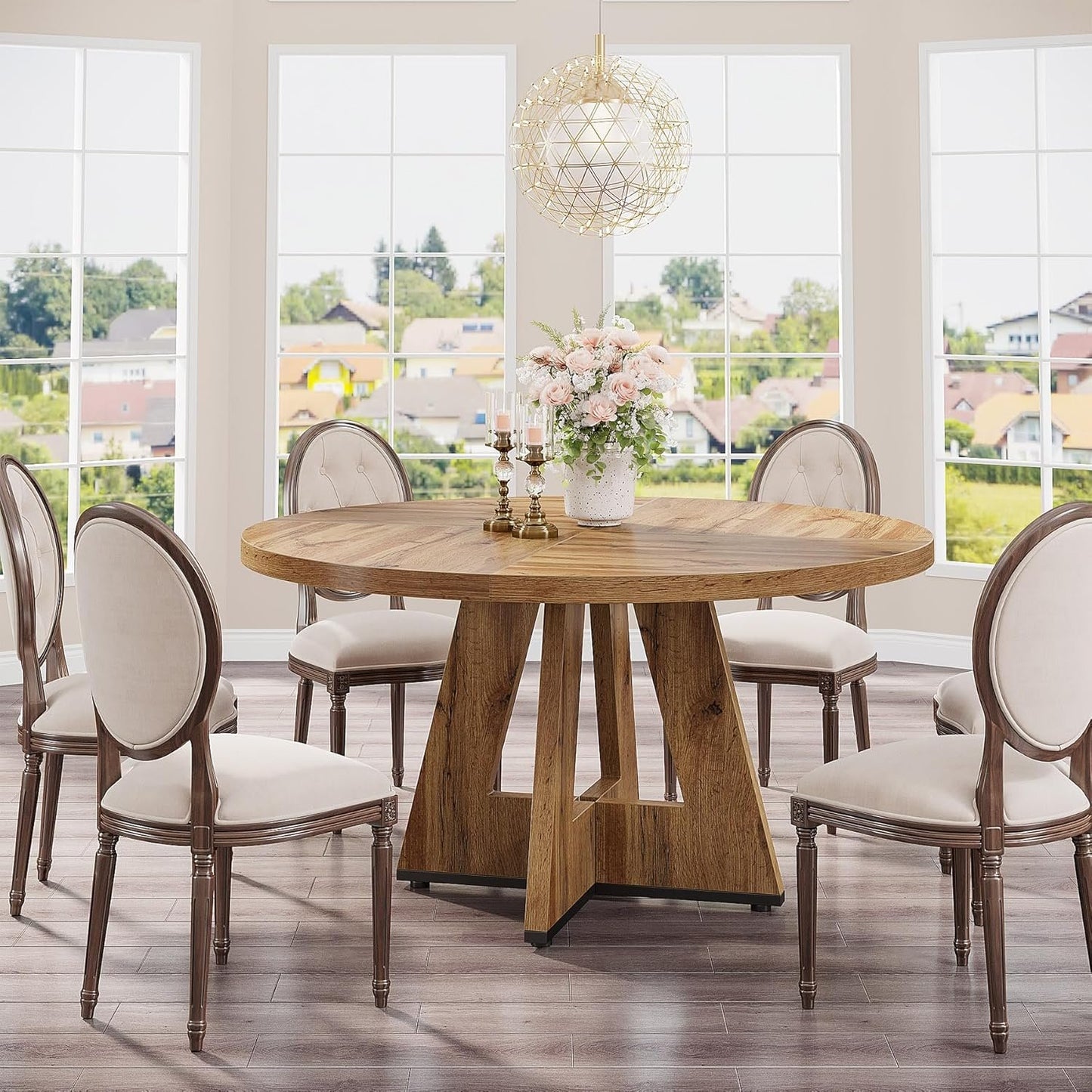 Tribesigns Round Dining Table Wood Kitchen Table for Dining Room, 47" Dinning Room Tables for 4 Adult, Farmhouse Dinner Table with Wooden Tabletop and Cross Base, Burlywood