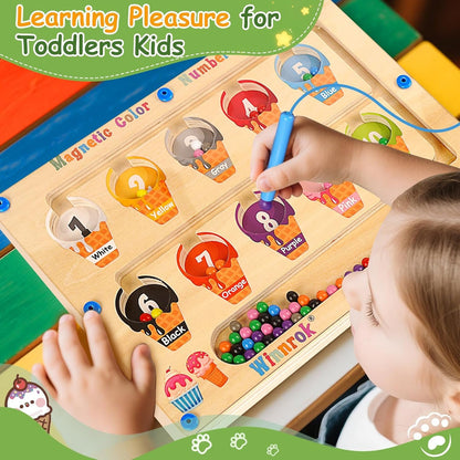 2 in 1 Double Side Magnetic Color Number Alphabet Maze Board, Montessori Toys 1-3 3-5 Year Old, Wood Educational Puzzle Learning Counting Matching Toy, Gifts for Toddler Kid Girls Boys 3 4 5