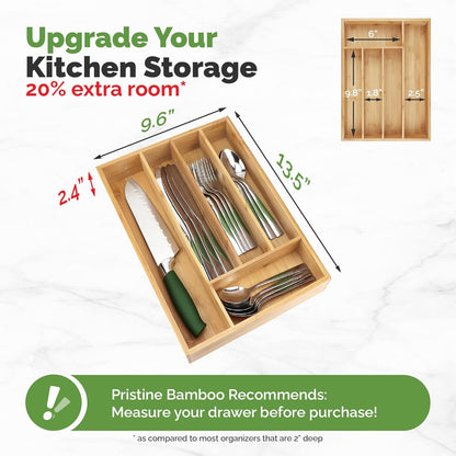 PRISTINE BAMBOO 10 inch silverware tray organizer– Flatware Utensil Cutlery Silverware Holder for Drawer – Small Extra-Deep Wooden Kitchen Drawer Organizer Divider for Spoons Forks Knives cutleries