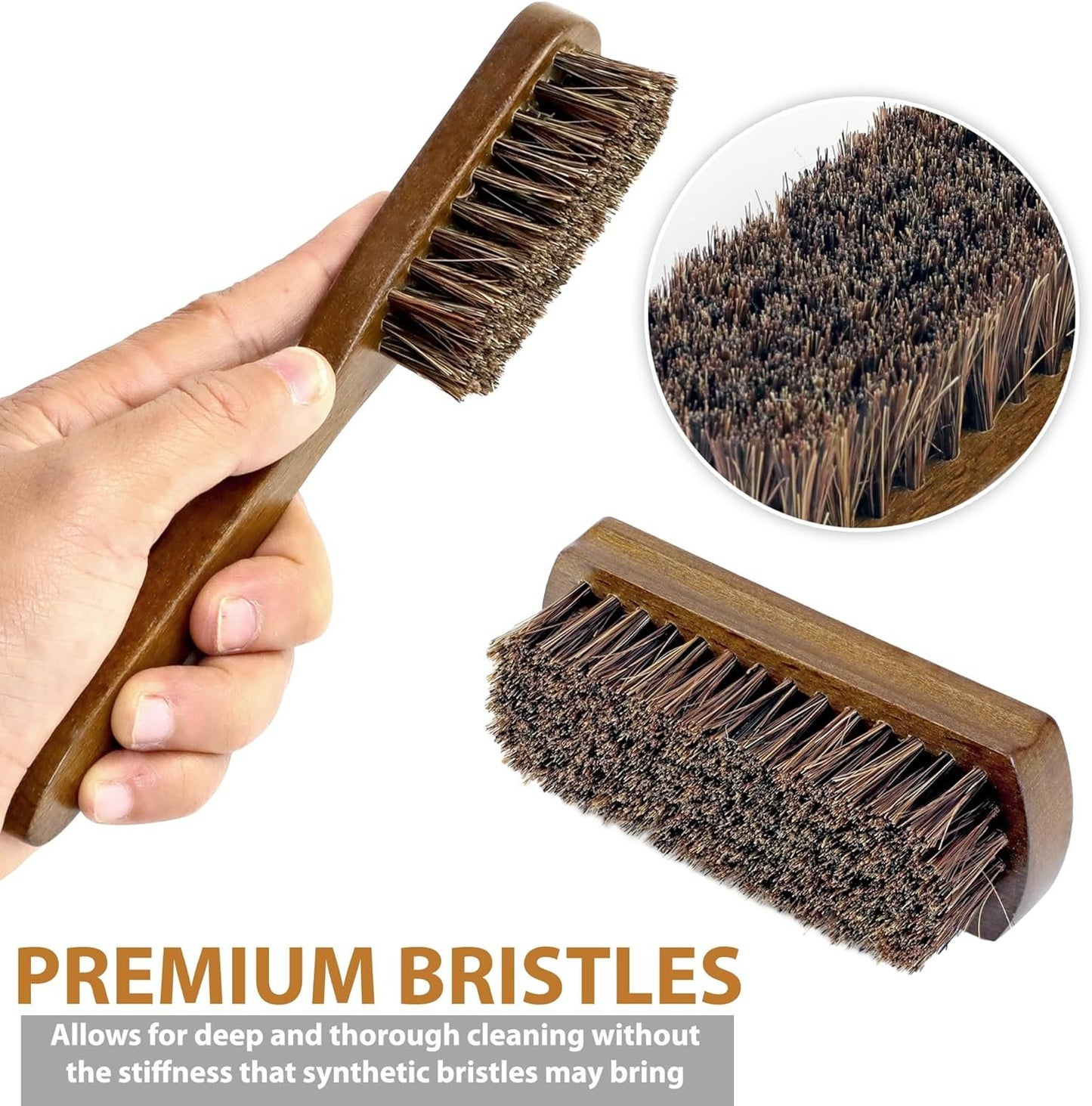TAKAVU Leather & Upholstery Cleaning Brush Set, 100% Horse Hair Bristle, to Clean Car Seats & Leather Sofas, for Alcantara, Interiors, Furniture, Boots, Shoes, Bags and More