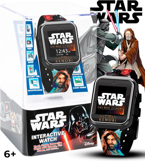 Accutime Star Wars OBI-Wan Kenobi Kids Smart Watch with Touchscreen, 10 Jedi Clock Faces, Selfie Camera, Games, Stopwatch, and Step Counter â€“ Fits Wrists 5.5" to 8", Black, 40mm, Modern