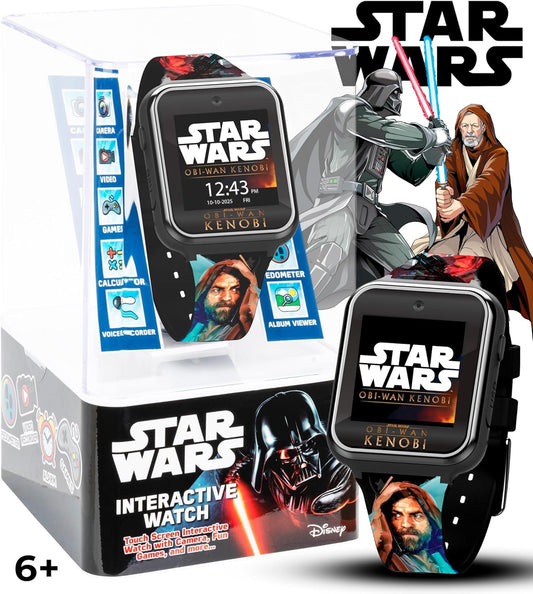 Accutime Star Wars OBI-Wan Kenobi Kids Smart Watch with Touchscreen, 10 Jedi Clock Faces, Selfie Camera, Games, Stopwatch, and Step Counter â€“ Fits Wrists 5.5" to 8", Black, 40mm, Modern