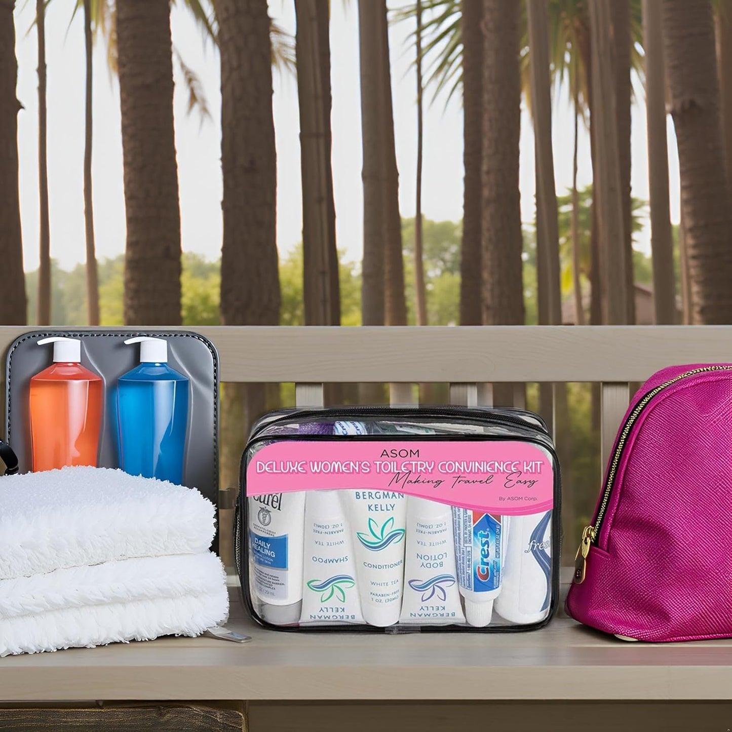 Asom Travel Toiletries Convenience Kit, Personal Care Toiletry Wellness Accessory Hygiene Essentials Set, Clear TSA Approved Traveling Unisex Toiletry Accessories Kits, 36 Pc., Clear, Handheld, Women Toiletries Convenience Kit