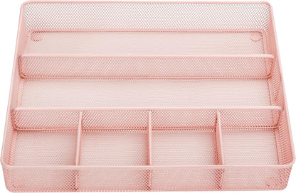 Annova Desk Drawer Organizer/Storage Tray - Metal Mesh with Dividers for Pens, Desktop Accessories, Bathroom, Kitchen, Makeup and Office Supplies (Light Pink)