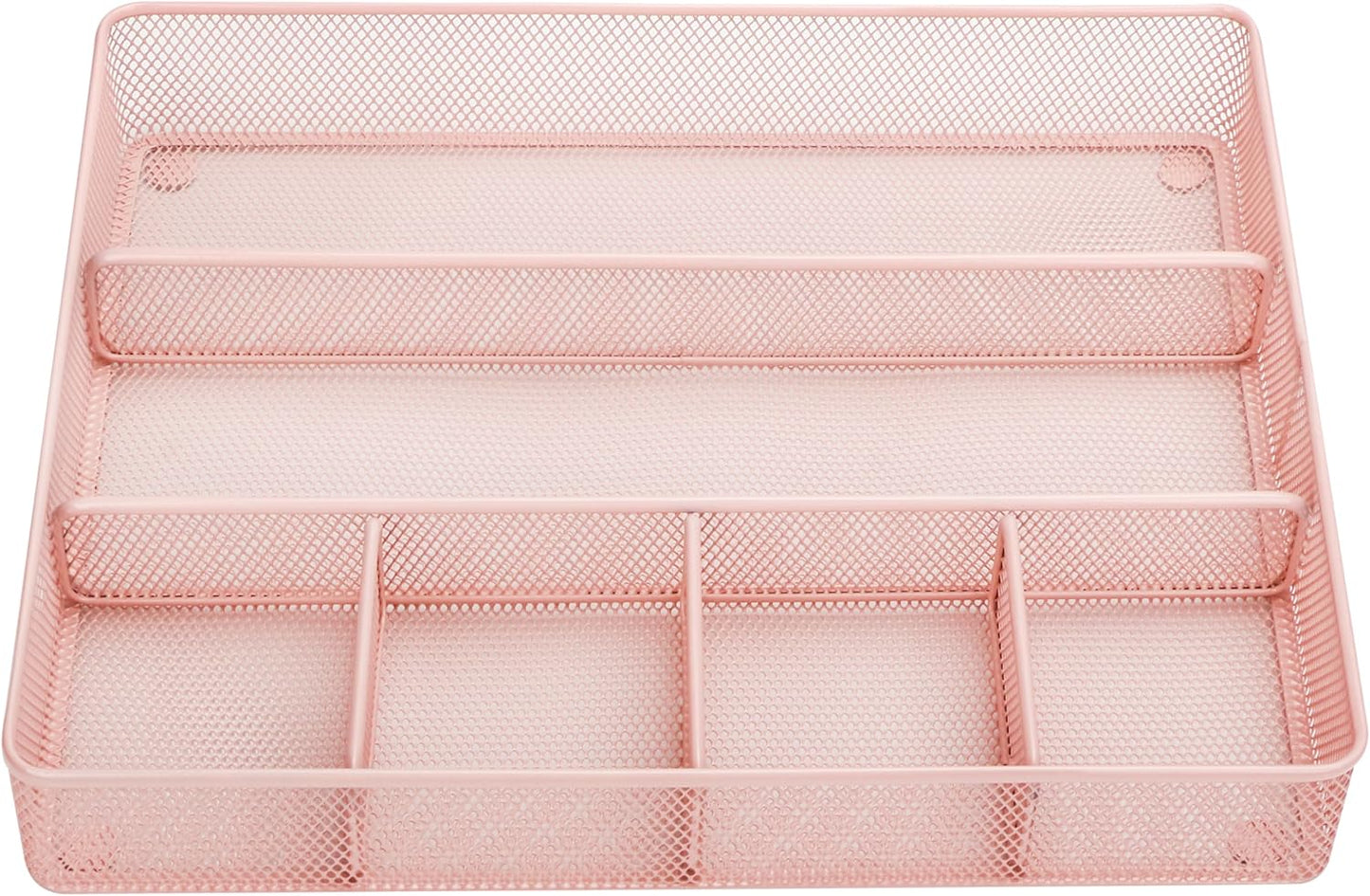 Annova Desk Drawer Organizer Tray for Office Organization - Metal Mesh - Storage Tray with Dividers for Pens, Desktop Accessories, Bathroom, Kitchen, Makeup and Office Supplies (Large) (Light Pink)