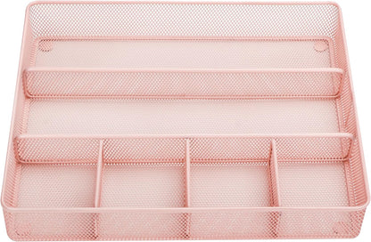 Annova Desk Drawer Organizer Tray for Office Organization - Metal Mesh - Storage Tray with Dividers for Pens, Desktop Accessories, Bathroom, Kitchen, Makeup and Office Supplies (Large) (Light Pink)