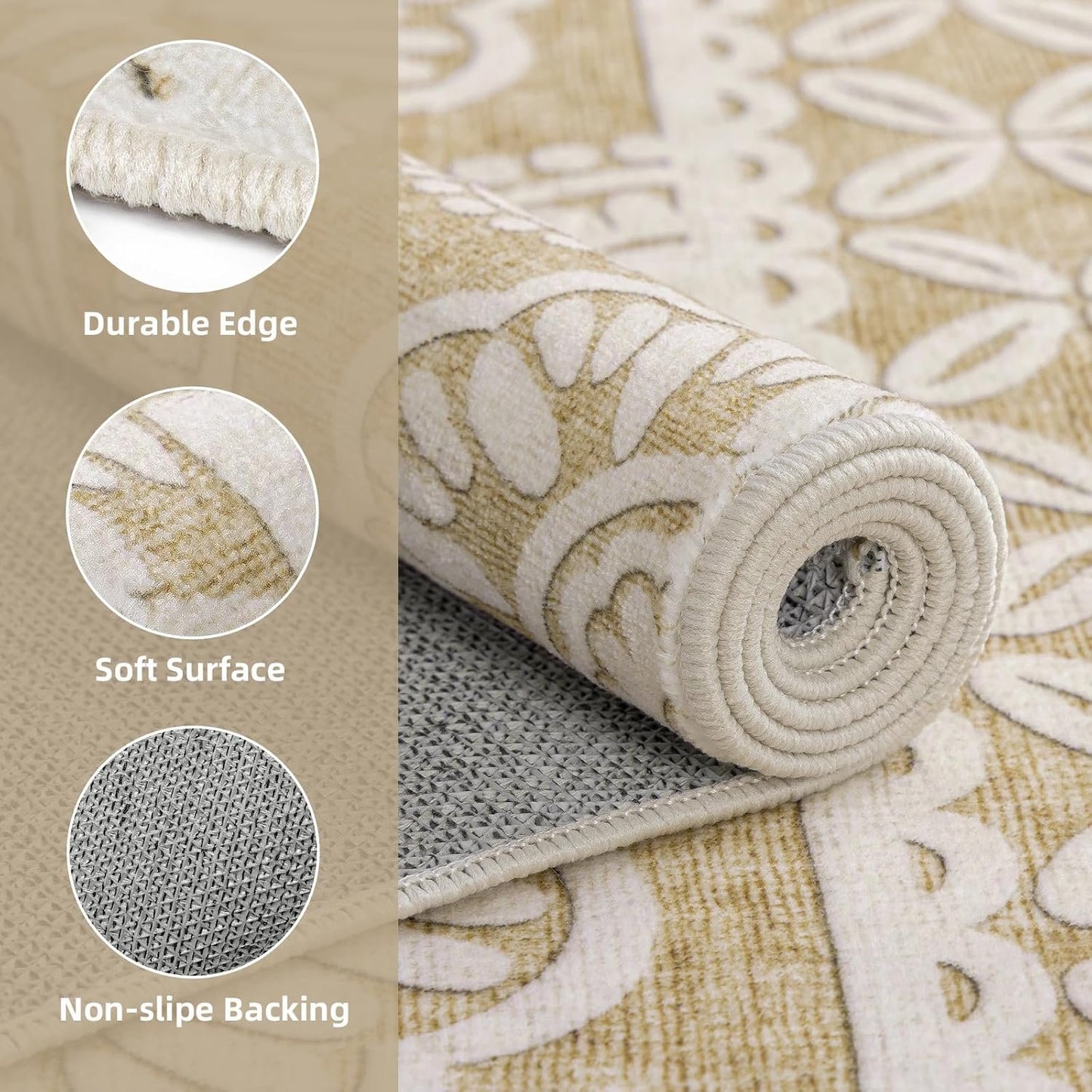Washable Rugs 5x7 for Living Room Bedroom Under Bed, Tan Boho Aesthetic Floral Print Area Rug for Dining Room Office Kids Nursery Playroom, Farmhouse Distressed Carpet Home Decor, 5x7ft, Brown Cream