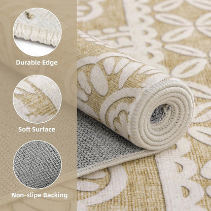 Washable Rugs 5x7 for Living Room Bedroom Under Bed, Tan Boho Aesthetic Floral Print Area Rug for Dining Room Office Kids Nursery Playroom, Farmhouse Distressed Carpet Home Decor, 5x7ft, Brown Cream