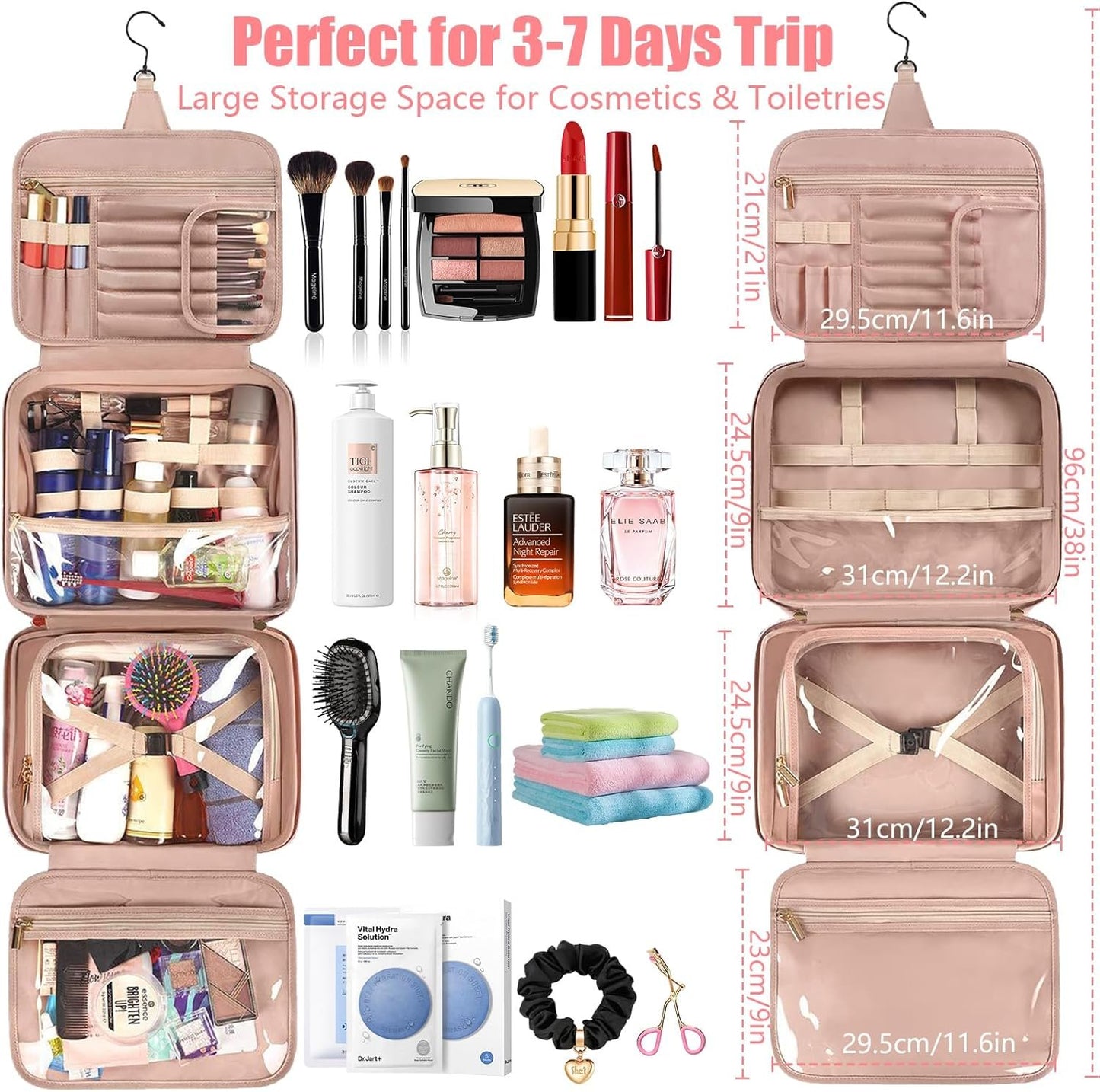 Toiletry Bag for Women and Men, Hanging Leather Large Capacity Travel Toiletry Bag, Waterproof Cosmetic Organiser with 4 Compartments Storage Travel Accessories for Holiday, Business Trip, Gym